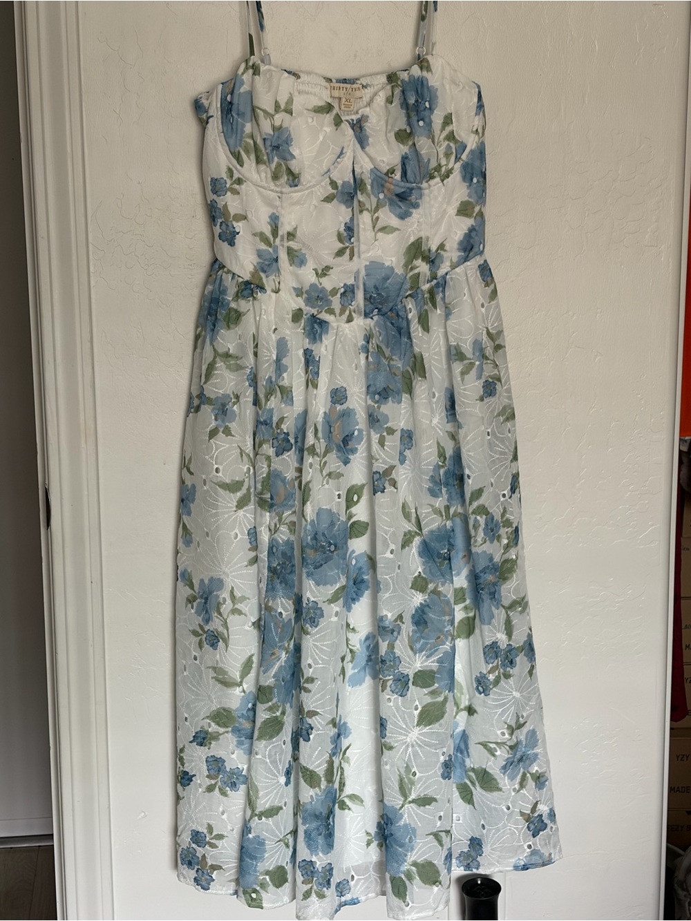 Floral Eyelet Midi Dress with Blue Flower Print